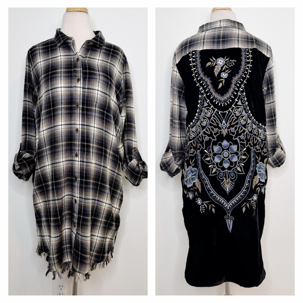 Long Sleeve Plaid Shirt Dress with Embroidered Back Panel - Black/Gray